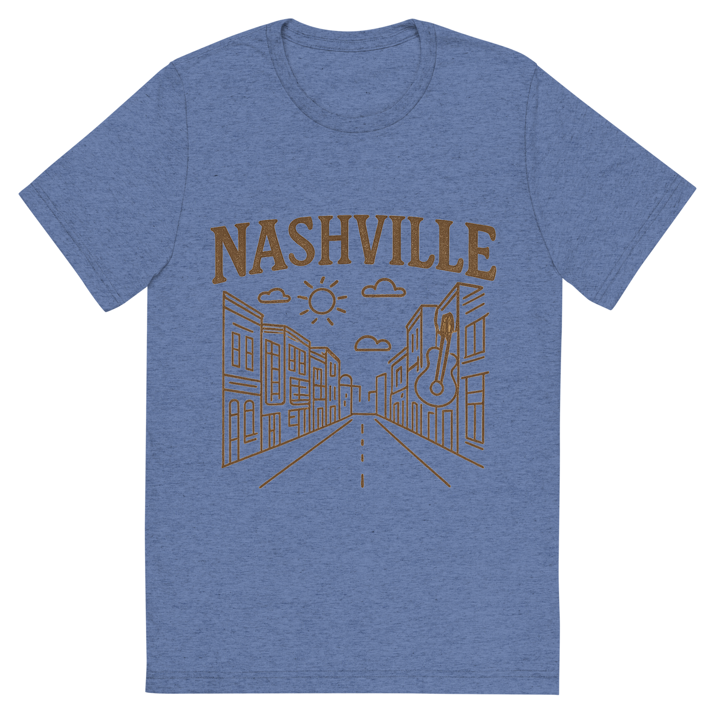 Front view of a Premium Tri-Blend Crew Neck T-Shirt in Blue showing 'A minimalist, playful graphic of a typographic illustration of the words 'nashville' with a vintage line art drawing of broadway street'