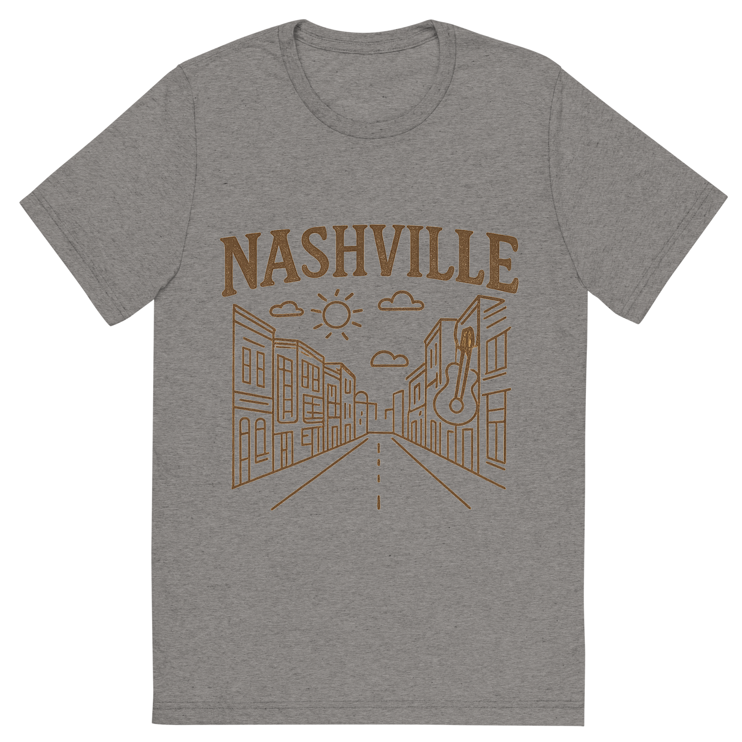Front view of a Premium Tri-Blend Crew Neck T-Shirt in Grey showing 'A minimalist, playful graphic of a typographic illustration of the words 'nashville' with a vintage line art drawing of broadway street'
