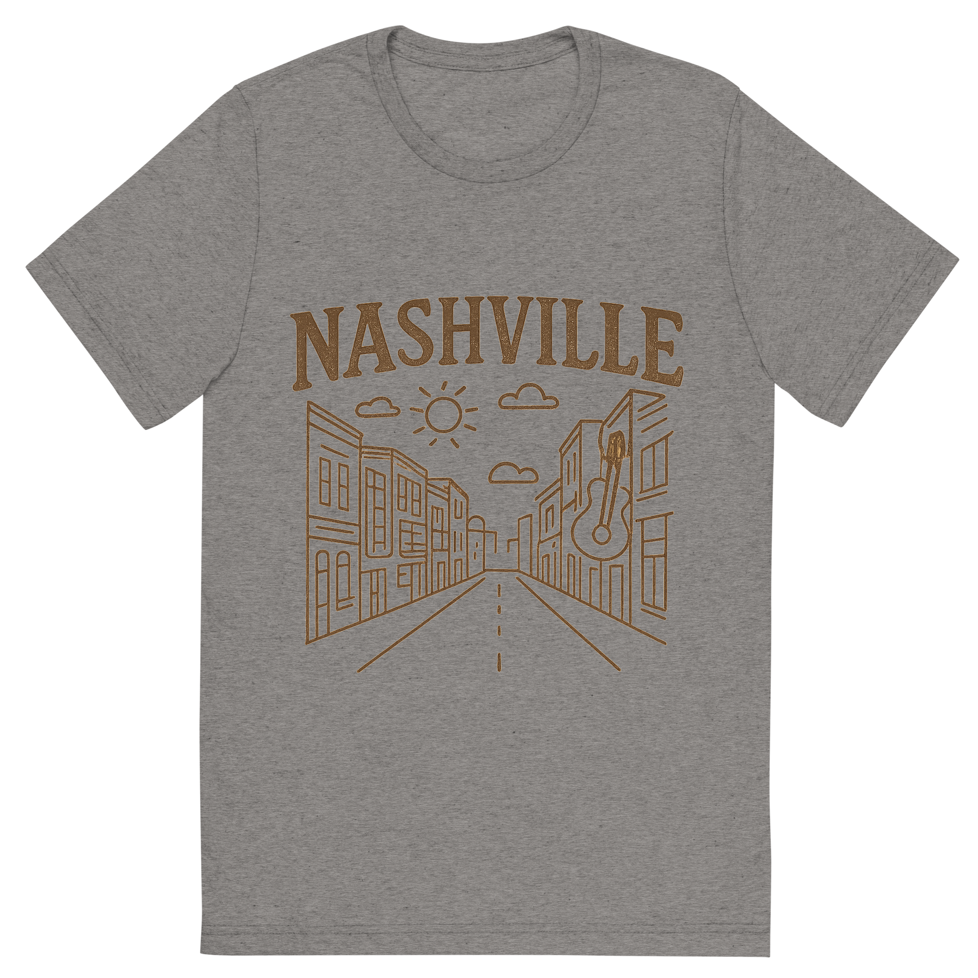 Front view of a Premium Tri-Blend Crew Neck T-Shirt in Grey showing 'A minimalist, playful graphic of a typographic illustration of the words 'nashville' with a vintage line art drawing of broadway street'