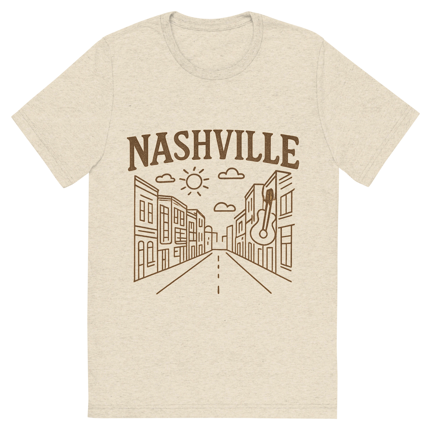 Front view of a Premium Tri-Blend Crew Neck T-Shirt in Oatmeal showing 'A minimalist, playful graphic of a typographic illustration of the words 'nashville' with a vintage line art drawing of broadway street'