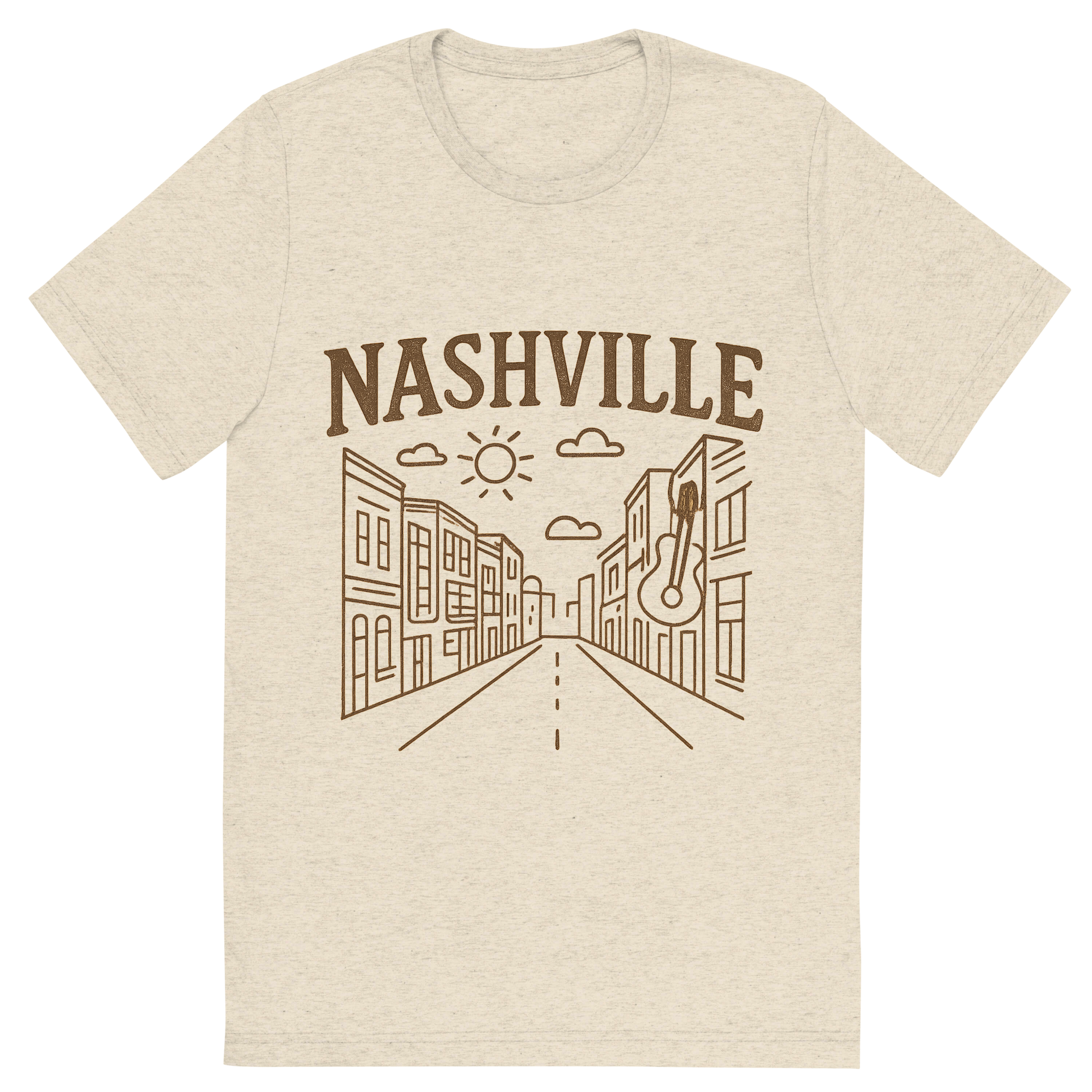 Front view of a Premium Tri-Blend Crew Neck T-Shirt in Oatmeal showing 'A minimalist, playful graphic of a typographic illustration of the words 'nashville' with a vintage line art drawing of broadway street'