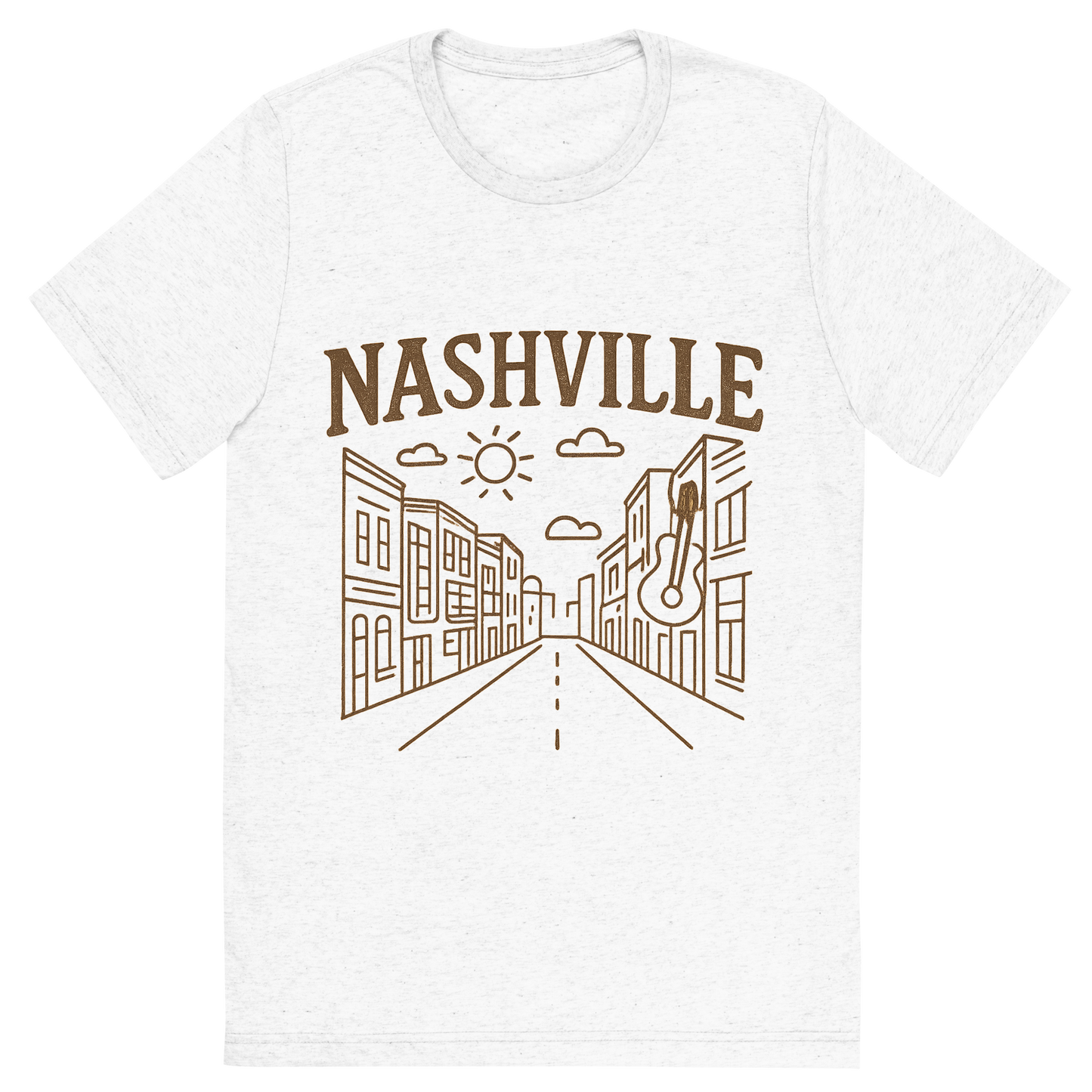Front view of a Premium Tri-Blend Crew Neck T-Shirt in Solid White showing 'A minimalist, playful graphic of a typographic illustration of the words 'nashville' with a vintage line art drawing of broadway street'