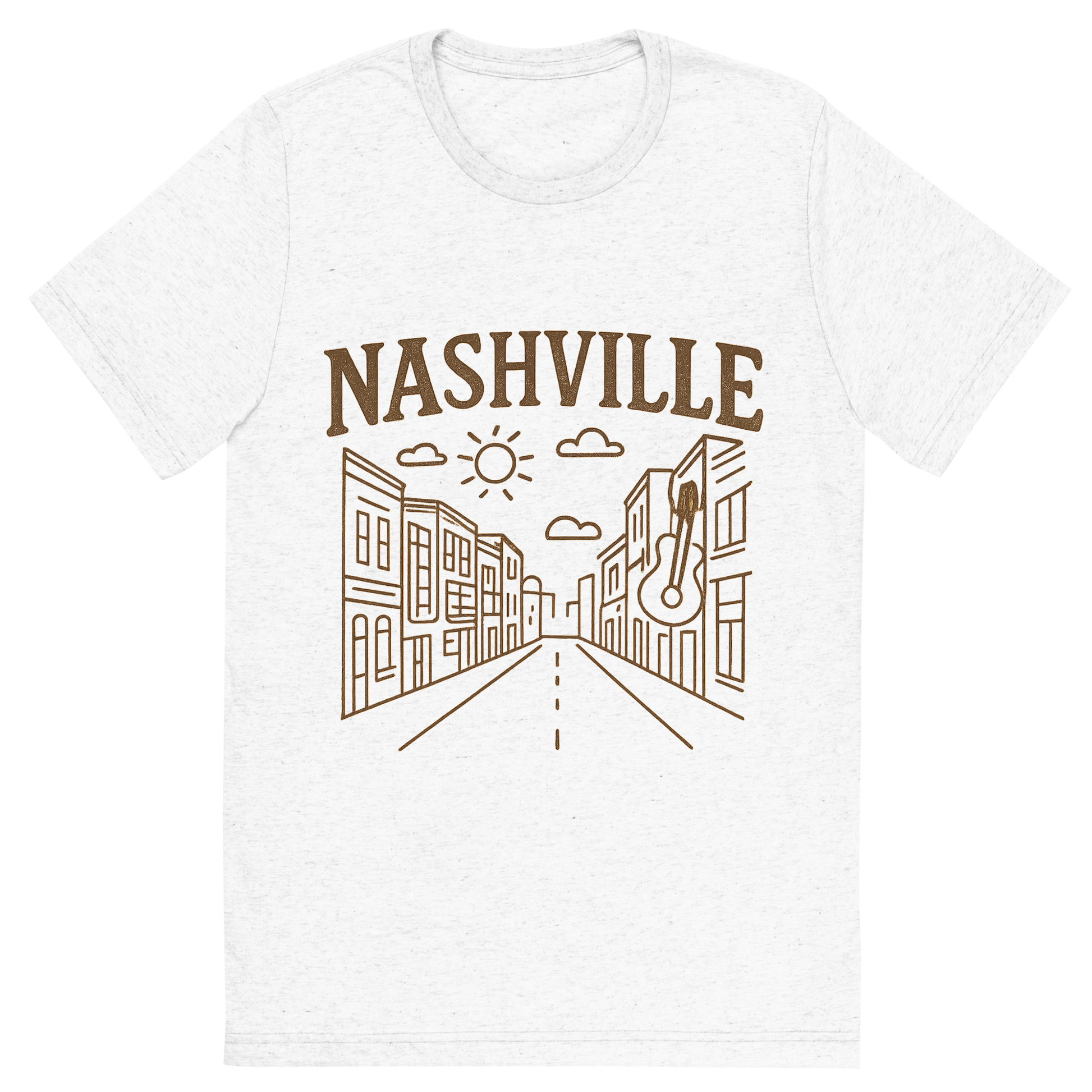 Front view of a Premium Tri-Blend Crew Neck T-Shirt in Solid White showing 'A minimalist, playful graphic of a typographic illustration of the words 'nashville' with a vintage line art drawing of broadway street'
