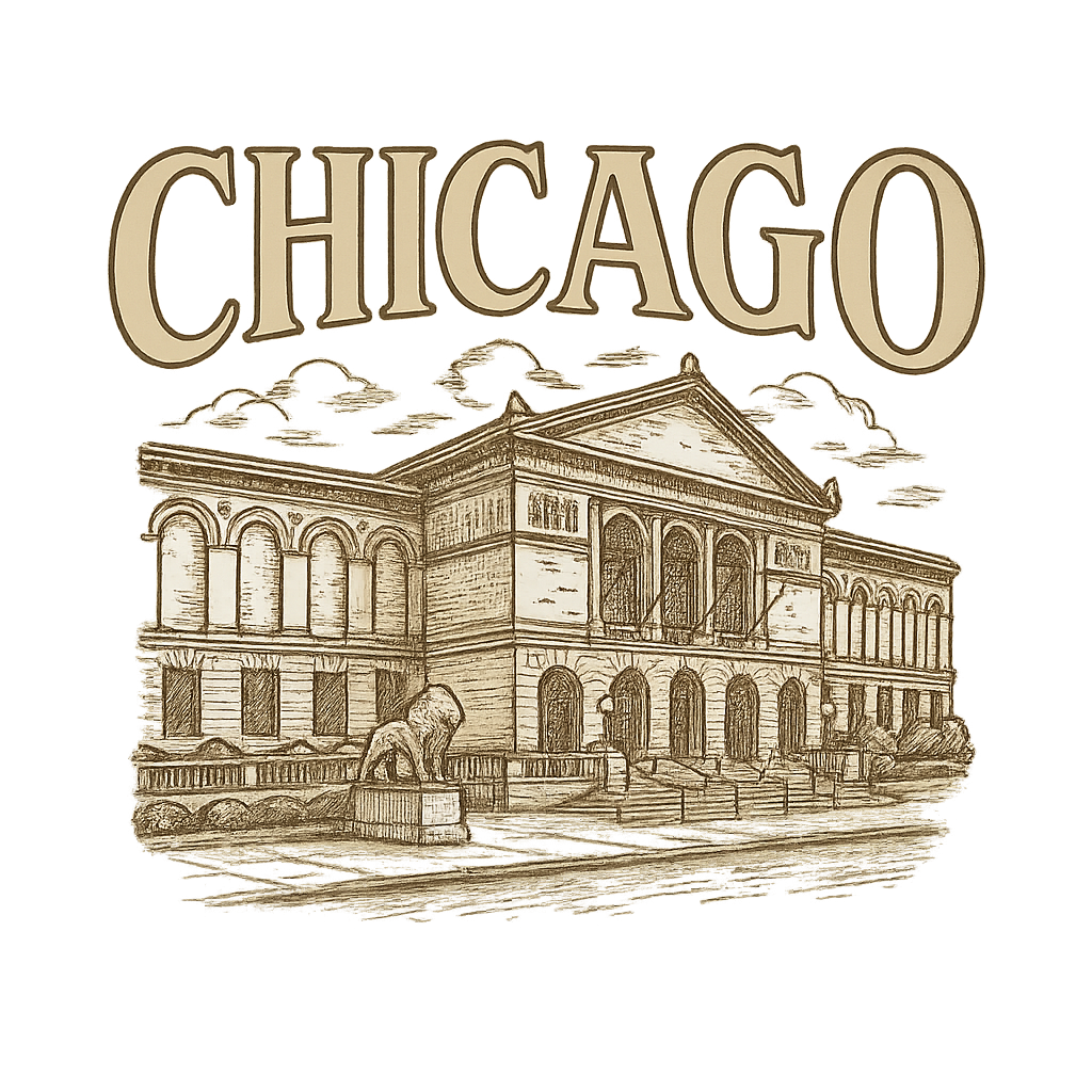 A typographic, nostalgic graphic of a typographic illustration of the words 'chicago' with a vintage line art drawing of the art institute of chicago – a t-shirt design