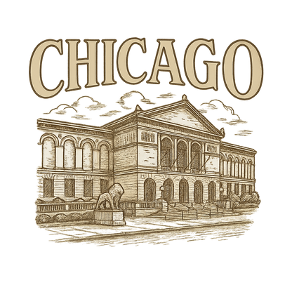 A typographic, nostalgic graphic of a typographic illustration of the words 'chicago' with a vintage line art drawing of the art institute of chicago – a t-shirt design