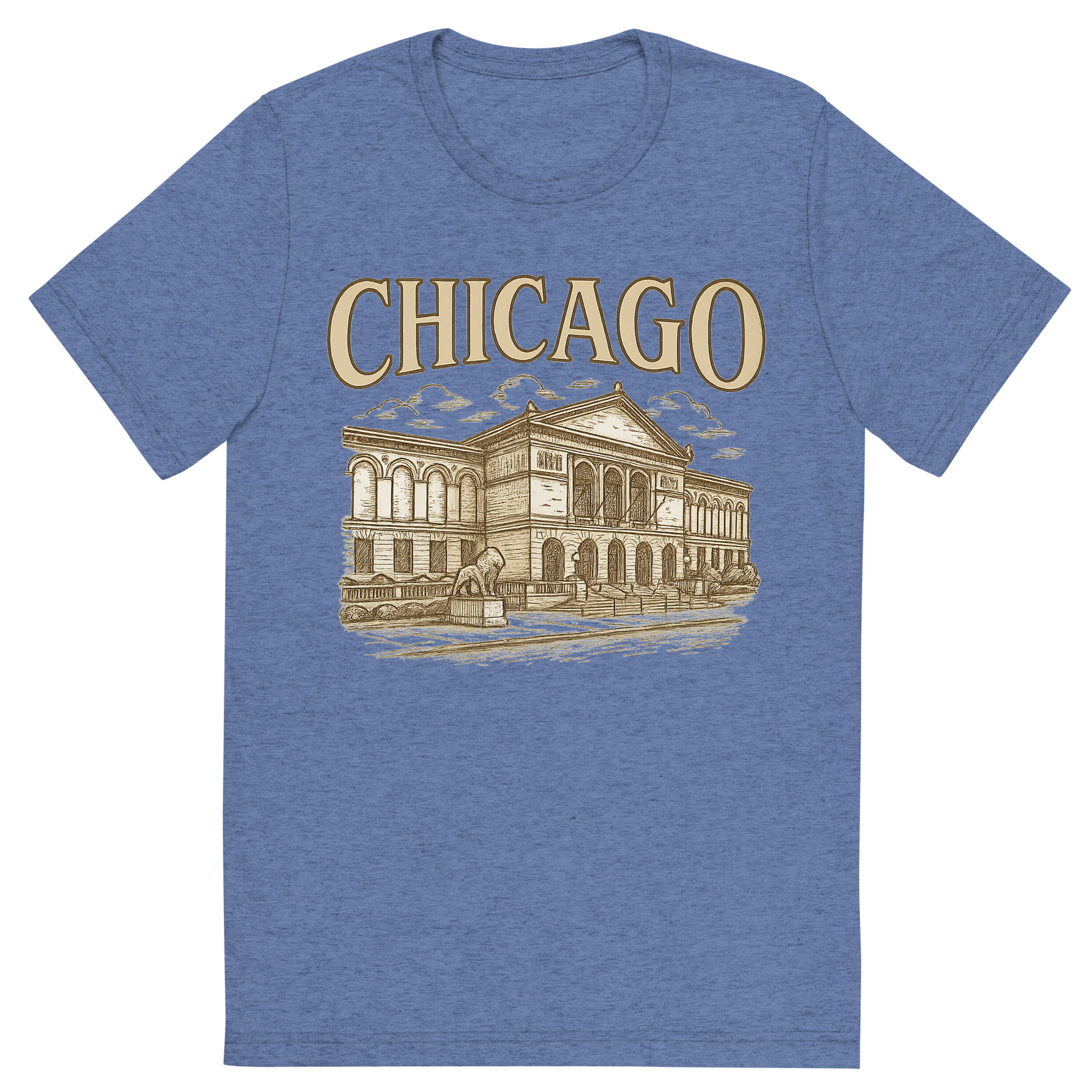 Front view of a Premium Tri-Blend Crew Neck T-Shirt in Blue showing 'A typographic, nostalgic graphic of a typographic illustration of the words 'chicago' with a vintage line art drawing of the art institute of chicago'
