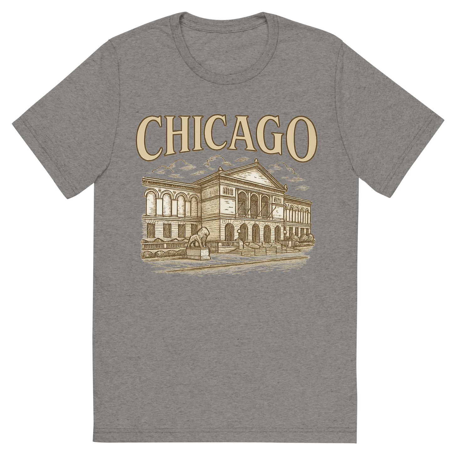 Front view of a Premium Tri-Blend Crew Neck T-Shirt in Grey showing 'A typographic, nostalgic graphic of a typographic illustration of the words 'chicago' with a vintage line art drawing of the art institute of chicago'