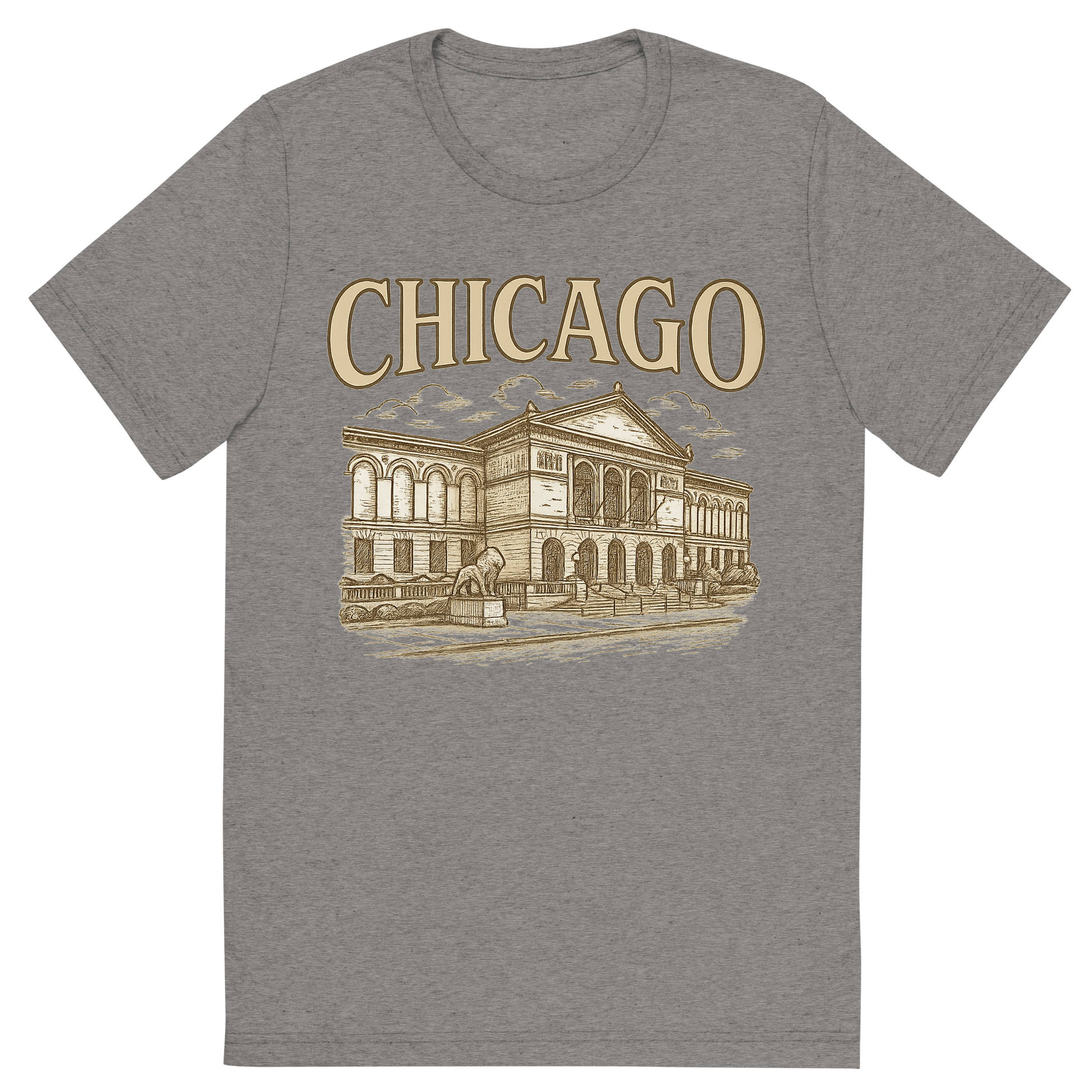 Front view of a Premium Tri-Blend Crew Neck T-Shirt in Grey showing 'A typographic, nostalgic graphic of a typographic illustration of the words 'chicago' with a vintage line art drawing of the art institute of chicago'