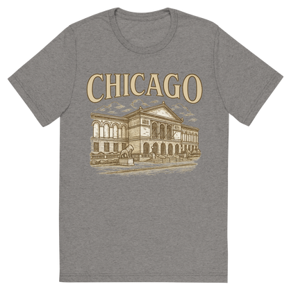 Front view of a Premium Tri-Blend Crew Neck T-Shirt in Grey showing 'A typographic, nostalgic graphic of a typographic illustration of the words 'chicago' with a vintage line art drawing of the art institute of chicago'