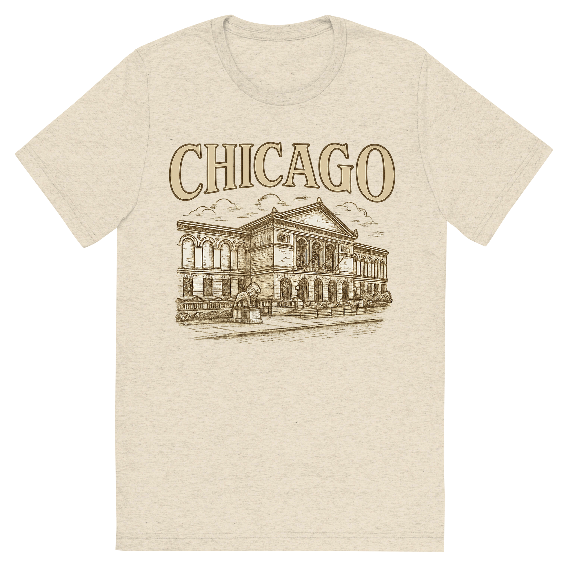 Front view of a Premium Tri-Blend Crew Neck T-Shirt in Oatmeal showing 'A typographic, nostalgic graphic of a typographic illustration of the words 'chicago' with a vintage line art drawing of the art institute of chicago'