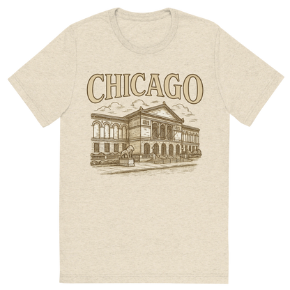 Front view of a Premium Tri-Blend Crew Neck T-Shirt in Oatmeal showing 'A typographic, nostalgic graphic of a typographic illustration of the words 'chicago' with a vintage line art drawing of the art institute of chicago'