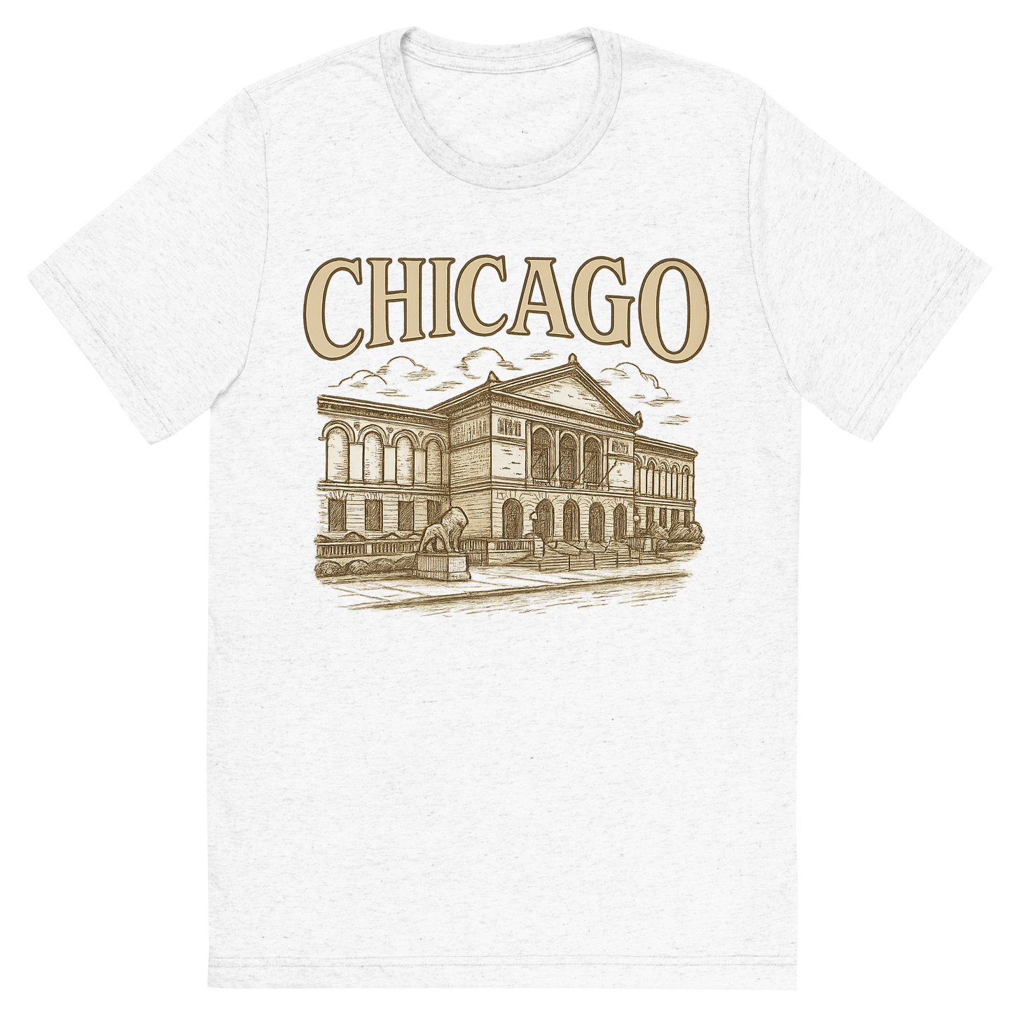 Front view of a Premium Tri-Blend Crew Neck T-Shirt in Solid White showing 'A typographic, nostalgic graphic of a typographic illustration of the words 'chicago' with a vintage line art drawing of the art institute of chicago'