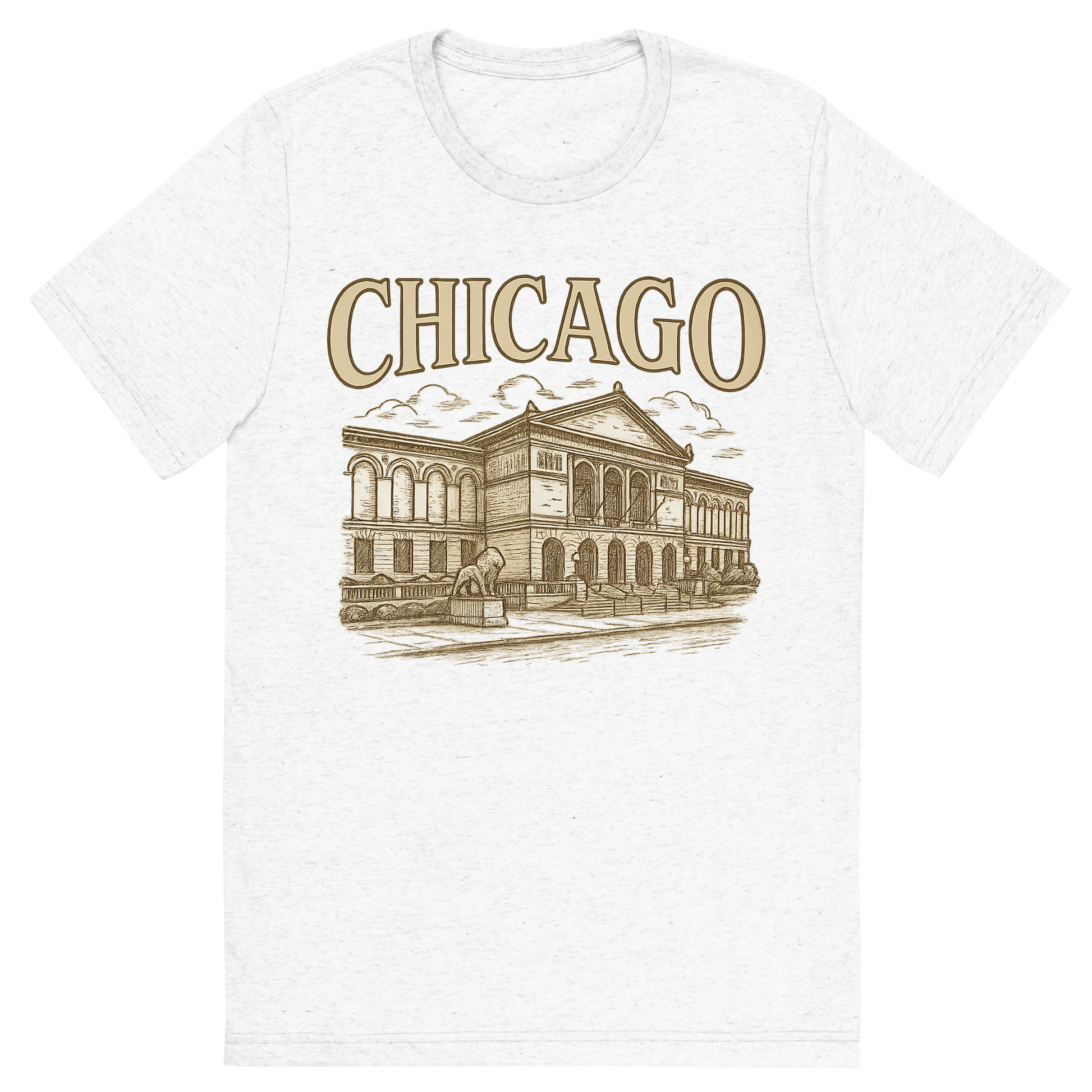Front view of a Premium Tri-Blend Crew Neck T-Shirt in Solid White showing 'A typographic, nostalgic graphic of a typographic illustration of the words 'chicago' with a vintage line art drawing of the art institute of chicago'