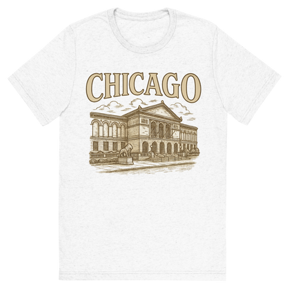 Front view of a Premium Tri-Blend Crew Neck T-Shirt in Solid White showing 'A typographic, nostalgic graphic of a typographic illustration of the words 'chicago' with a vintage line art drawing of the art institute of chicago'