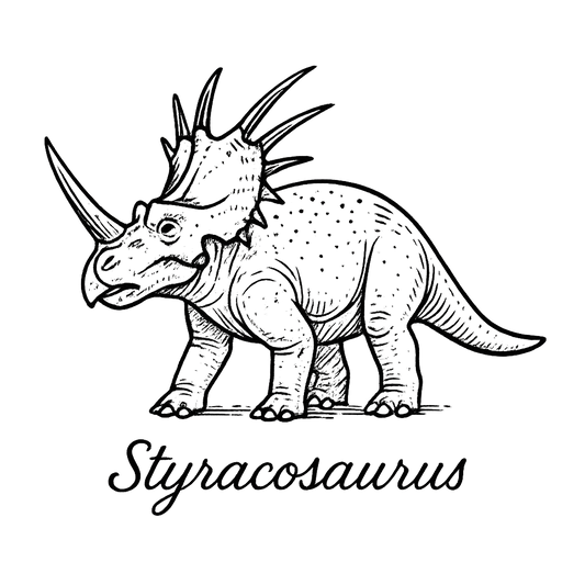 A flat, neutral graphic of a clean illustration of a styracosaurus with long nasal horn and frill spikes. “styracosaurus” is inscribed below in elegant handwriting.ink illustration on a white background. - a t-shirt design
