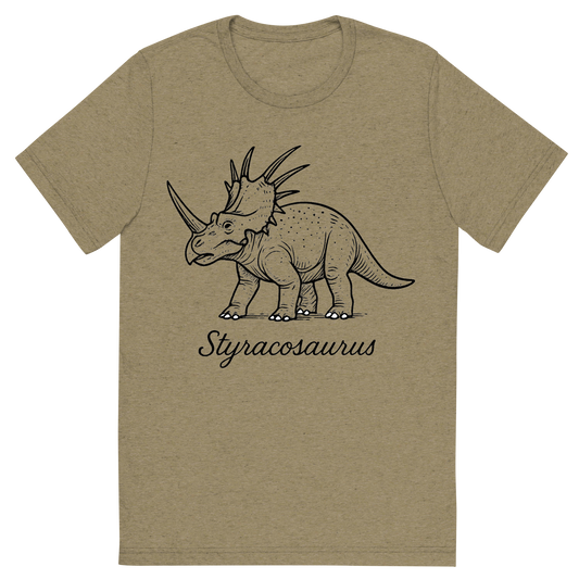 Front view of a Premium Tri-Blend Crew Neck T-Shirt in Olive showing 'A flat, neutral graphic of a clean illustration of a styracosaurus with long nasal horn and frill spikes. “styracosaurus” is inscribed below in elegant handwriting.ink illustration on a white background.'