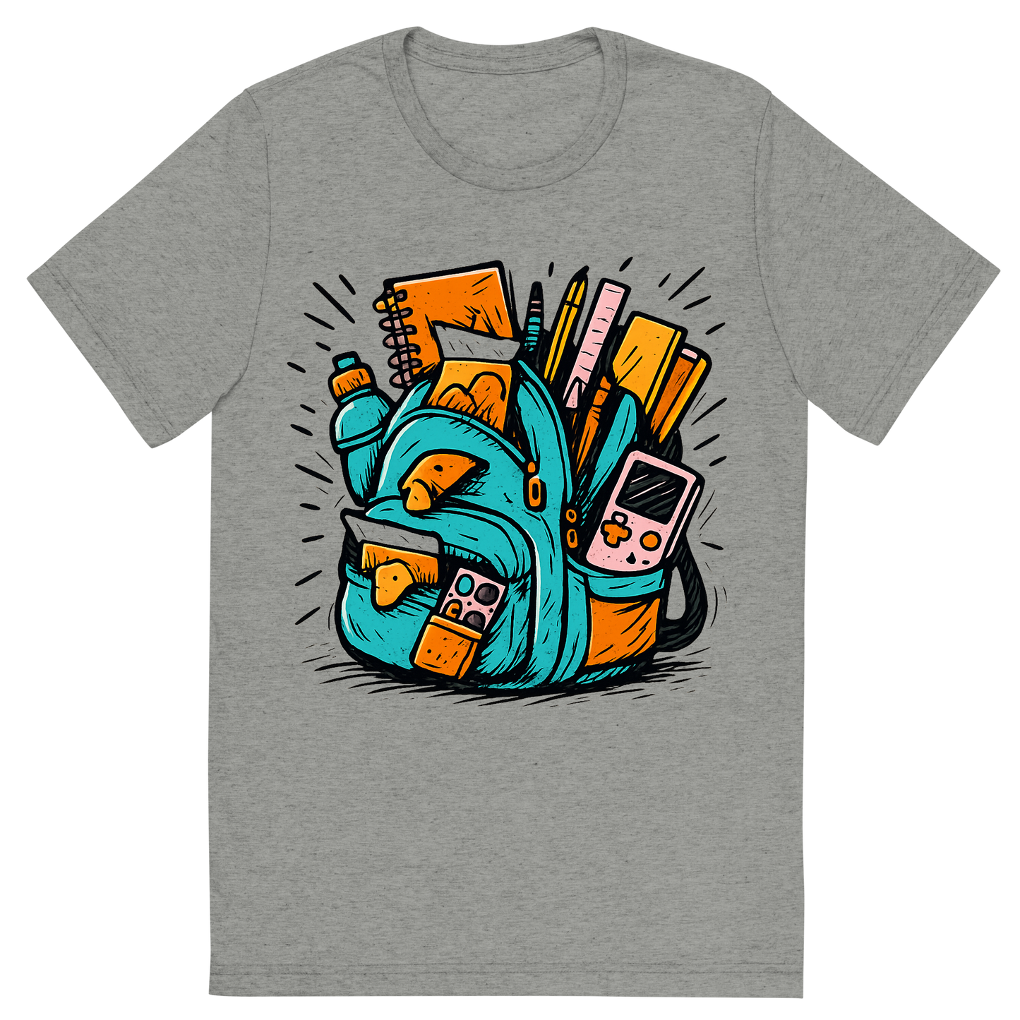 Front view of a Premium Tri-Blend Crew Neck T-Shirt in Athletic Grey showing 'A hand-drawn ink with pop color, exaggerated graphic of an overstuffed school backpack bursting with supplies, snacks, and gadgets, with the words “backpack overload” embroidered across the flap. hand-drawn in ink with pop color highlights. centered composition, transparent background, optimized for dtg printing.'