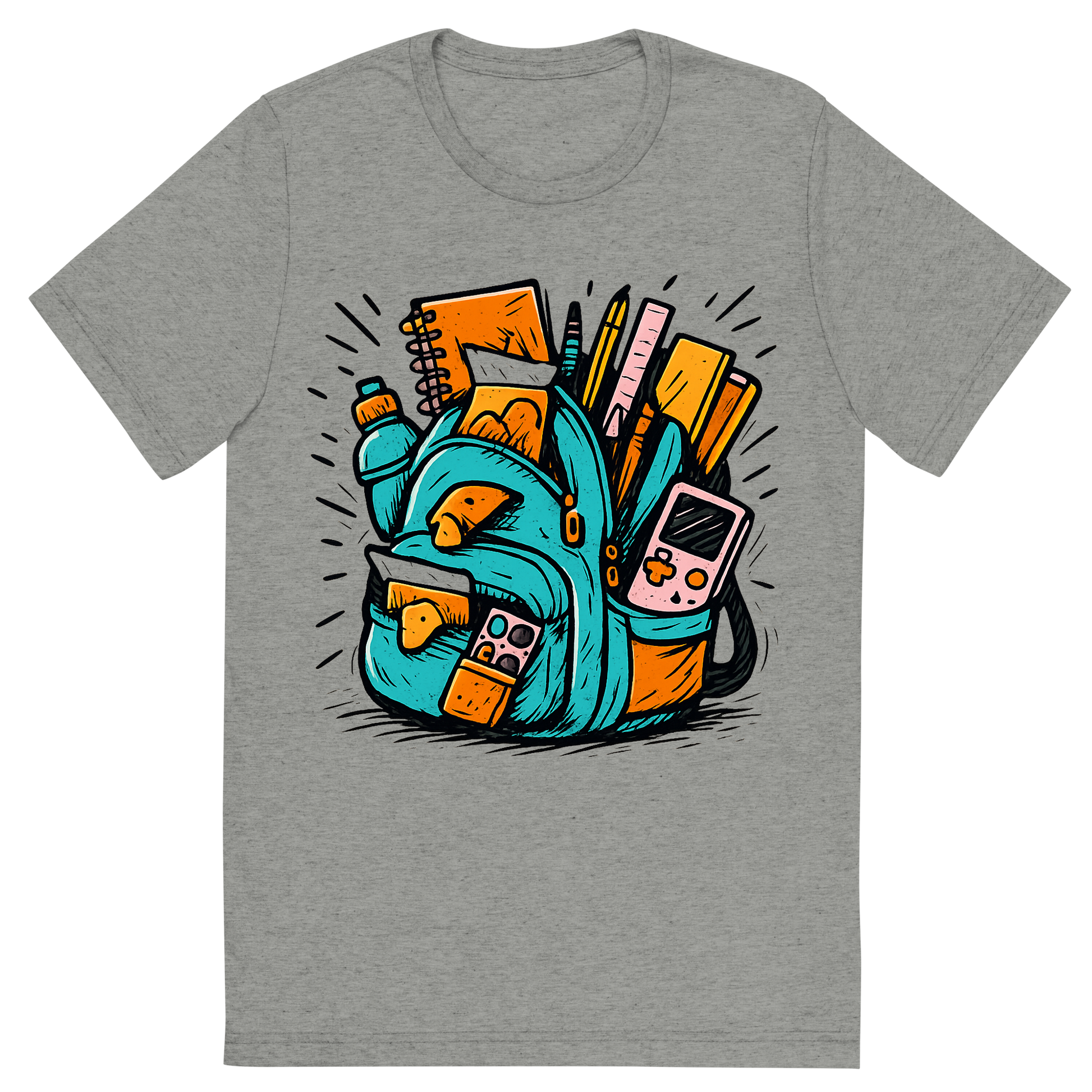 Front view of a Premium Tri-Blend Crew Neck T-Shirt in Athletic Grey showing 'A hand-drawn ink with pop color, exaggerated graphic of an overstuffed school backpack bursting with supplies, snacks, and gadgets, with the words “backpack overload” embroidered across the flap. hand-drawn in ink with pop color highlights. centered composition, transparent background, optimized for dtg printing.'