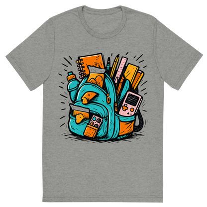 Front view of a Premium Tri-Blend Crew Neck T-Shirt in Athletic Grey showing 'A hand-drawn ink with pop color, exaggerated graphic of an overstuffed school backpack bursting with supplies, snacks, and gadgets, with the words “backpack overload” embroidered across the flap. hand-drawn in ink with pop color highlights. centered composition, transparent background, optimized for dtg printing.'