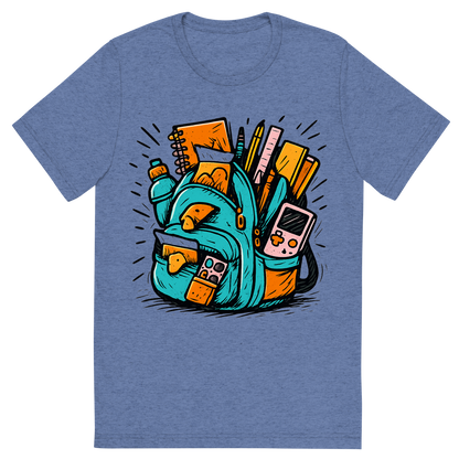Front view of a Premium Tri-Blend Crew Neck T-Shirt in Blue showing 'A hand-drawn ink with pop color, exaggerated graphic of an overstuffed school backpack bursting with supplies, snacks, and gadgets, with the words “backpack overload” embroidered across the flap. hand-drawn in ink with pop color highlights. centered composition, transparent background, optimized for dtg printing.'