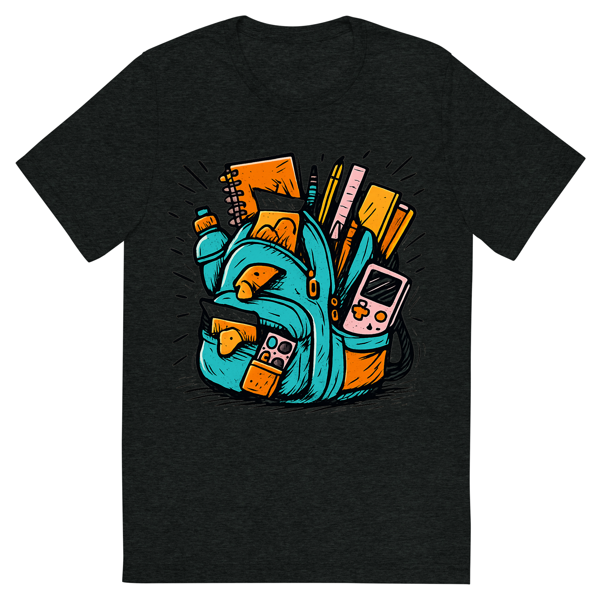 Front view of a Premium Tri-Blend Crew Neck T-Shirt in Charcoal-Black showing 'A hand-drawn ink with pop color, exaggerated graphic of an overstuffed school backpack bursting with supplies, snacks, and gadgets, with the words “backpack overload” embroidered across the flap. hand-drawn in ink with pop color highlights. centered composition, transparent background, optimized for dtg printing.'