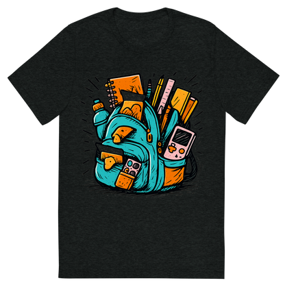 Front view of a Premium Tri-Blend Crew Neck T-Shirt in Charcoal-Black showing 'A hand-drawn ink with pop color, exaggerated graphic of an overstuffed school backpack bursting with supplies, snacks, and gadgets, with the words “backpack overload” embroidered across the flap. hand-drawn in ink with pop color highlights. centered composition, transparent background, optimized for dtg printing.'