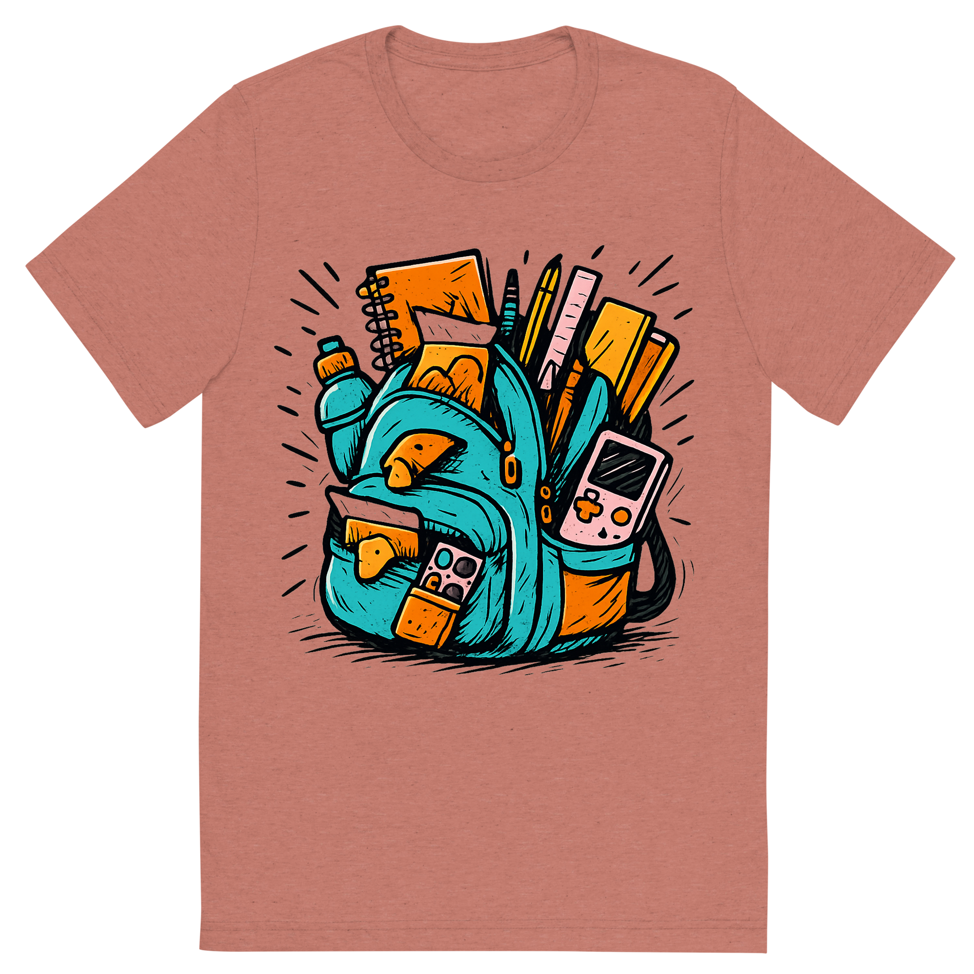 Front view of a Premium Tri-Blend Crew Neck T-Shirt in Mauve showing 'A hand-drawn ink with pop color, exaggerated graphic of an overstuffed school backpack bursting with supplies, snacks, and gadgets, with the words “backpack overload” embroidered across the flap. hand-drawn in ink with pop color highlights. centered composition, transparent background, optimized for dtg printing.'