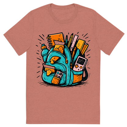 Front view of a Premium Tri-Blend Crew Neck T-Shirt in Mauve showing 'A hand-drawn ink with pop color, exaggerated graphic of an overstuffed school backpack bursting with supplies, snacks, and gadgets, with the words “backpack overload” embroidered across the flap. hand-drawn in ink with pop color highlights. centered composition, transparent background, optimized for dtg printing.'