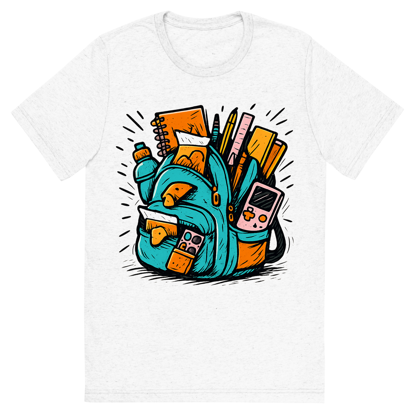 Front view of a Premium Tri-Blend Crew Neck T-Shirt in Solid White showing 'A hand-drawn ink with pop color, exaggerated graphic of an overstuffed school backpack bursting with supplies, snacks, and gadgets, with the words “backpack overload” embroidered across the flap. hand-drawn in ink with pop color highlights. centered composition, transparent background, optimized for dtg printing.'