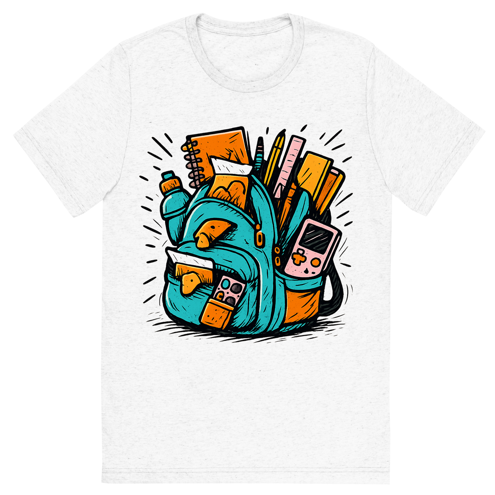 Front view of a Premium Tri-Blend Crew Neck T-Shirt in Solid White showing 'A hand-drawn ink with pop color, exaggerated graphic of an overstuffed school backpack bursting with supplies, snacks, and gadgets, with the words “backpack overload” embroidered across the flap. hand-drawn in ink with pop color highlights. centered composition, transparent background, optimized for dtg printing.'