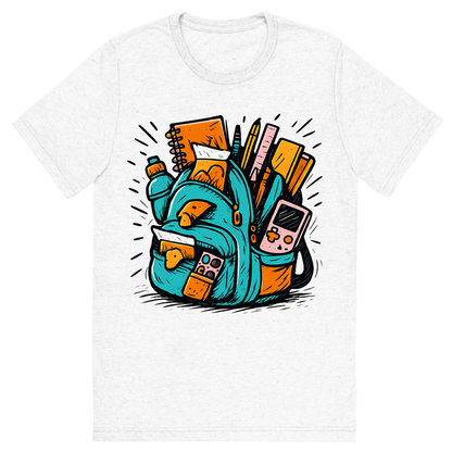 Front view of a Premium Tri-Blend Crew Neck T-Shirt in Solid White showing 'A hand-drawn ink with pop color, exaggerated graphic of an overstuffed school backpack bursting with supplies, snacks, and gadgets, with the words “backpack overload” embroidered across the flap. hand-drawn in ink with pop color highlights. centered composition, transparent background, optimized for dtg printing.'