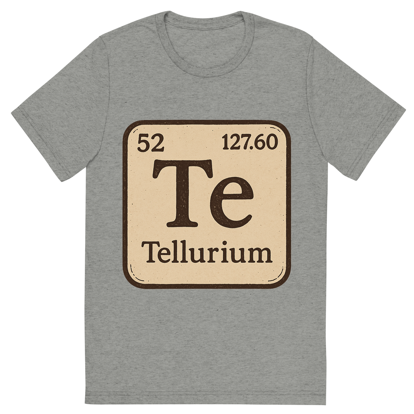 Front view of a Premium Tri-Blend Crew Neck T-Shirt in Athletic Grey showing 'A line art, nostalgic graphic of tellurium's entry on the periodic table, use a dark color for the lines and text'