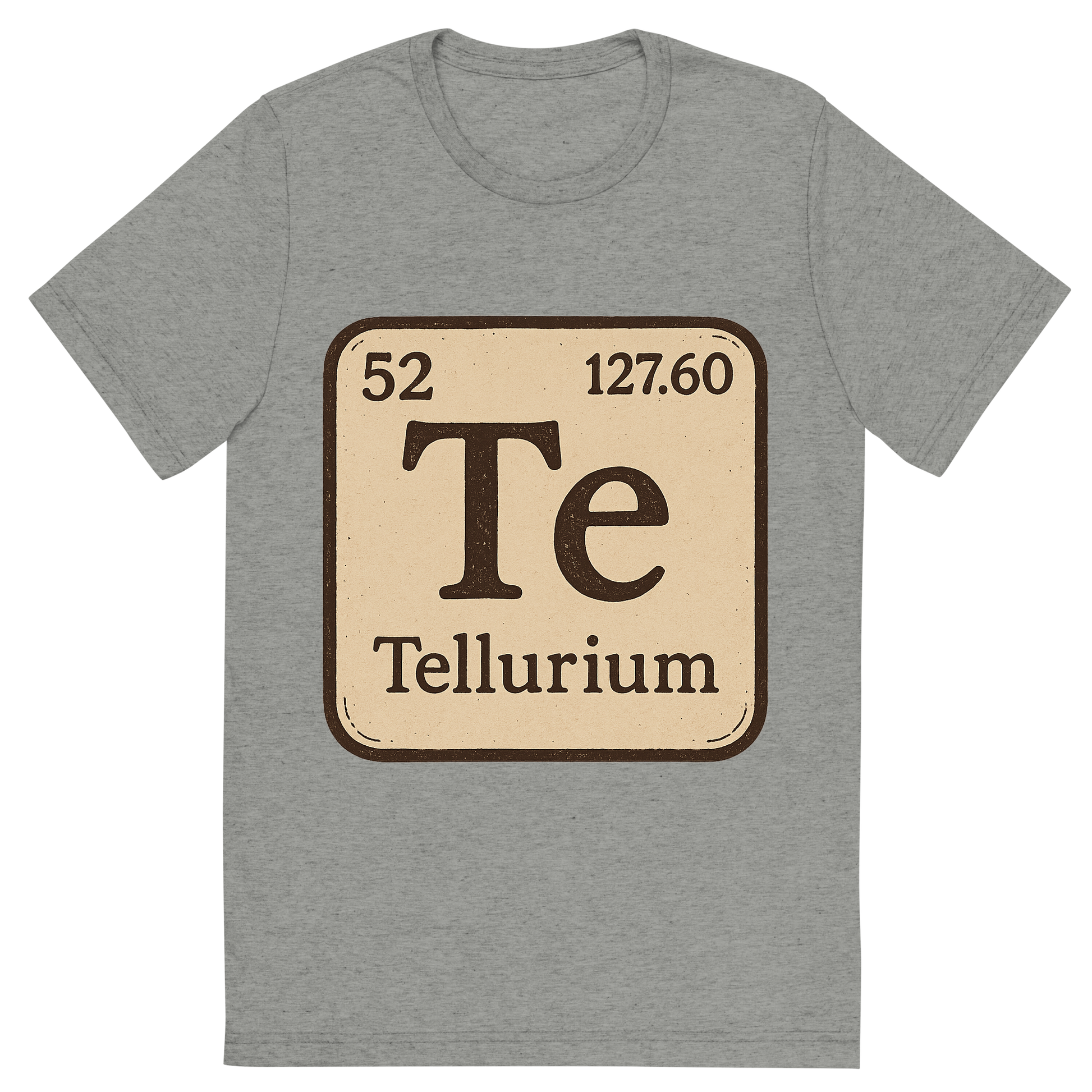 Front view of a Premium Tri-Blend Crew Neck T-Shirt in Athletic Grey showing 'A line art, nostalgic graphic of tellurium's entry on the periodic table, use a dark color for the lines and text'