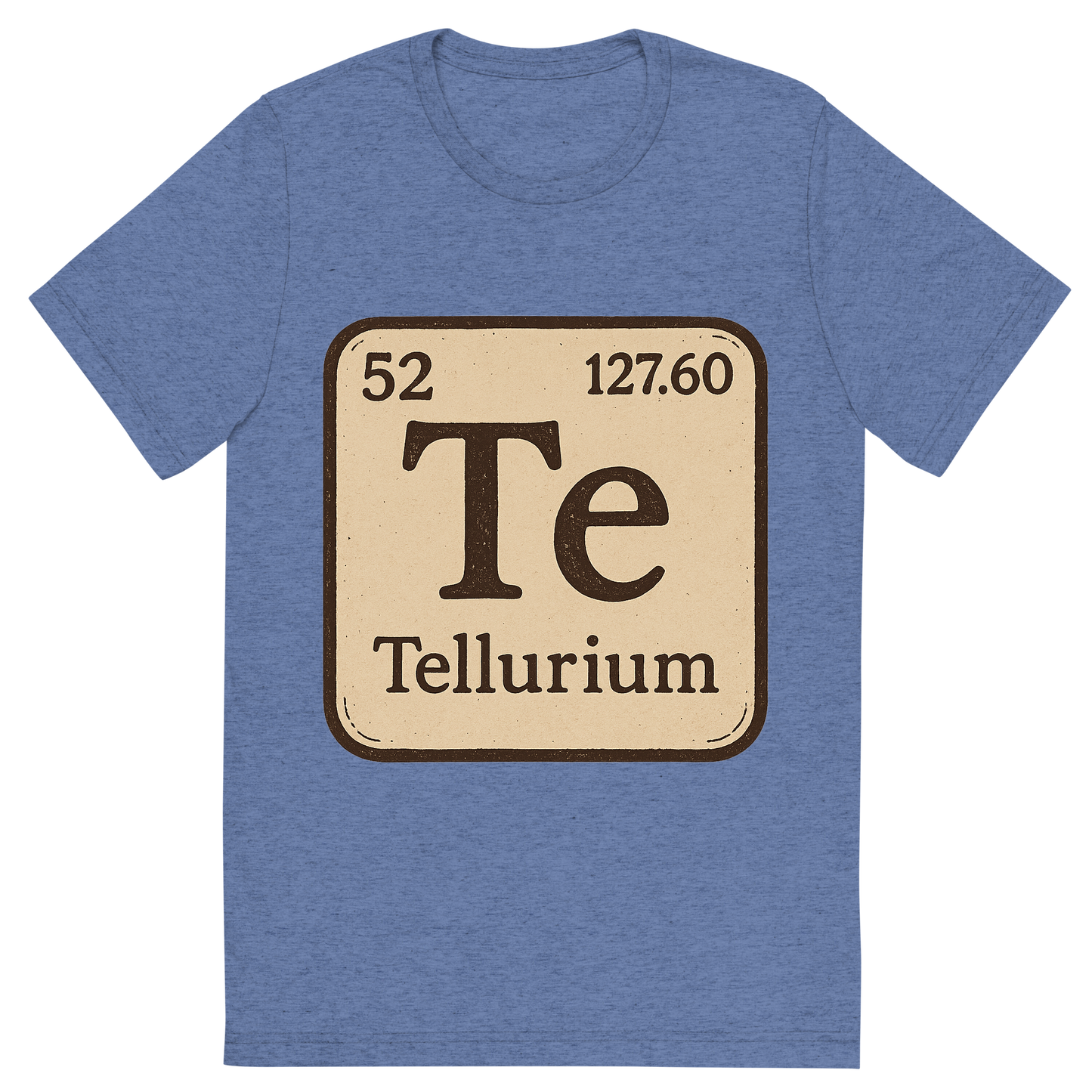 Front view of a Premium Tri-Blend Crew Neck T-Shirt in Blue showing 'A line art, nostalgic graphic of tellurium's entry on the periodic table, use a dark color for the lines and text'