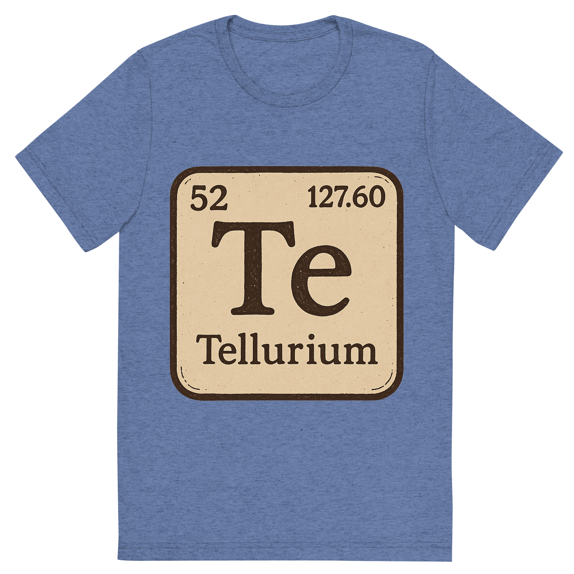 Front view of a Premium Tri-Blend Crew Neck T-Shirt in Blue showing 'A line art, nostalgic graphic of tellurium's entry on the periodic table, use a dark color for the lines and text'