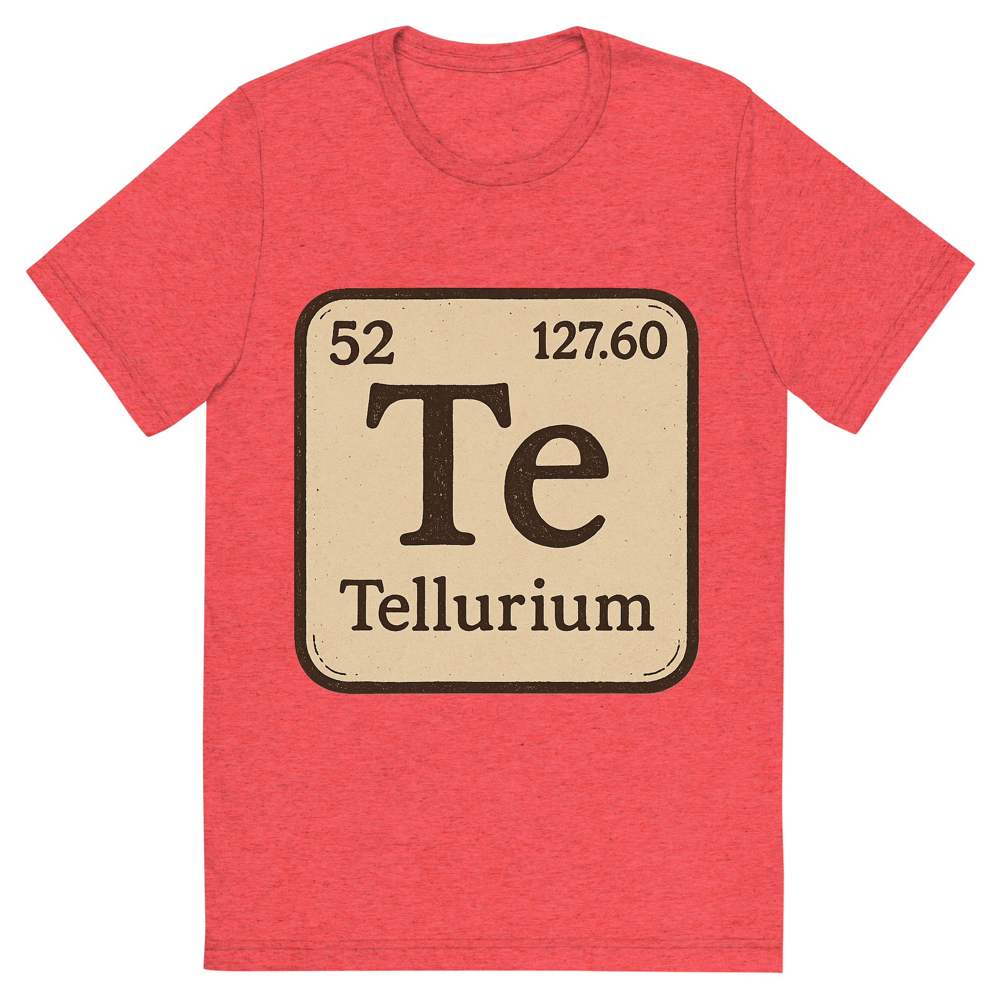 Front view of a Premium Tri-Blend Crew Neck T-Shirt in Red showing 'A line art, nostalgic graphic of tellurium's entry on the periodic table, use a dark color for the lines and text'