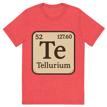 Front view of a Premium Tri-Blend Crew Neck T-Shirt in Red showing 'A line art, nostalgic graphic of tellurium's entry on the periodic table, use a dark color for the lines and text'