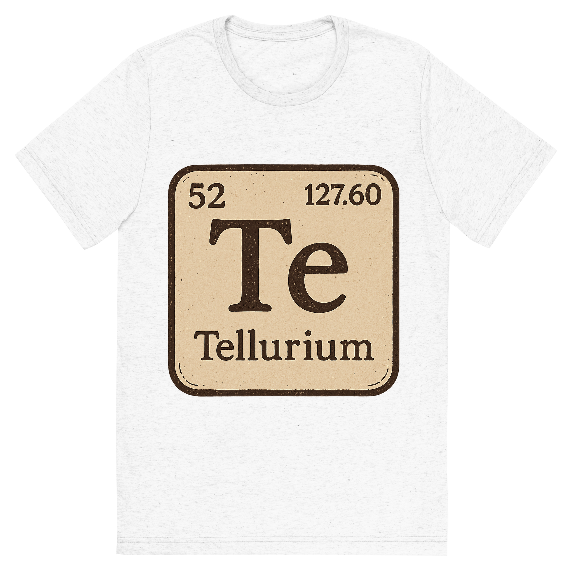 Front view of a Premium Tri-Blend Crew Neck T-Shirt in Solid White showing 'A line art, nostalgic graphic of tellurium's entry on the periodic table, use a dark color for the lines and text'