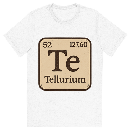 Front view of a Premium Tri-Blend Crew Neck T-Shirt in Solid White showing 'A line art, nostalgic graphic of tellurium's entry on the periodic table, use a dark color for the lines and text'