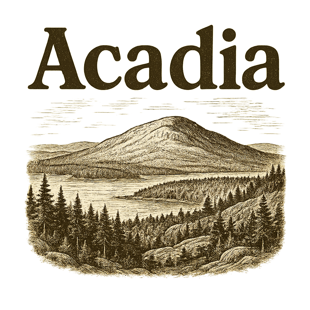 A typographic, nostalgic graphic of a typographic illustration of the words 'acadia' with a vintage line art drawing of cadillac mountain – a t-shirt design
