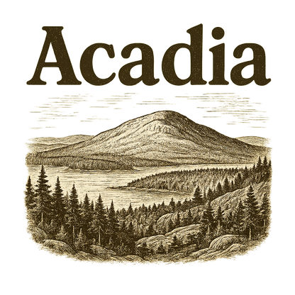 A typographic, nostalgic graphic of a typographic illustration of the words 'acadia' with a vintage line art drawing of cadillac mountain – a t-shirt design