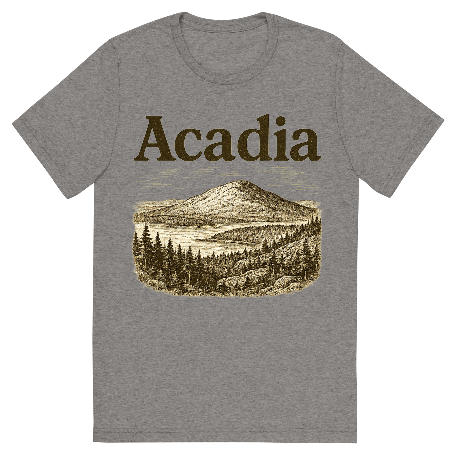 Front view of a Premium Tri-Blend Crew Neck T-Shirt in Grey showing 'A typographic, nostalgic graphic of a typographic illustration of the words 'acadia' with a vintage line art drawing of cadillac mountain'