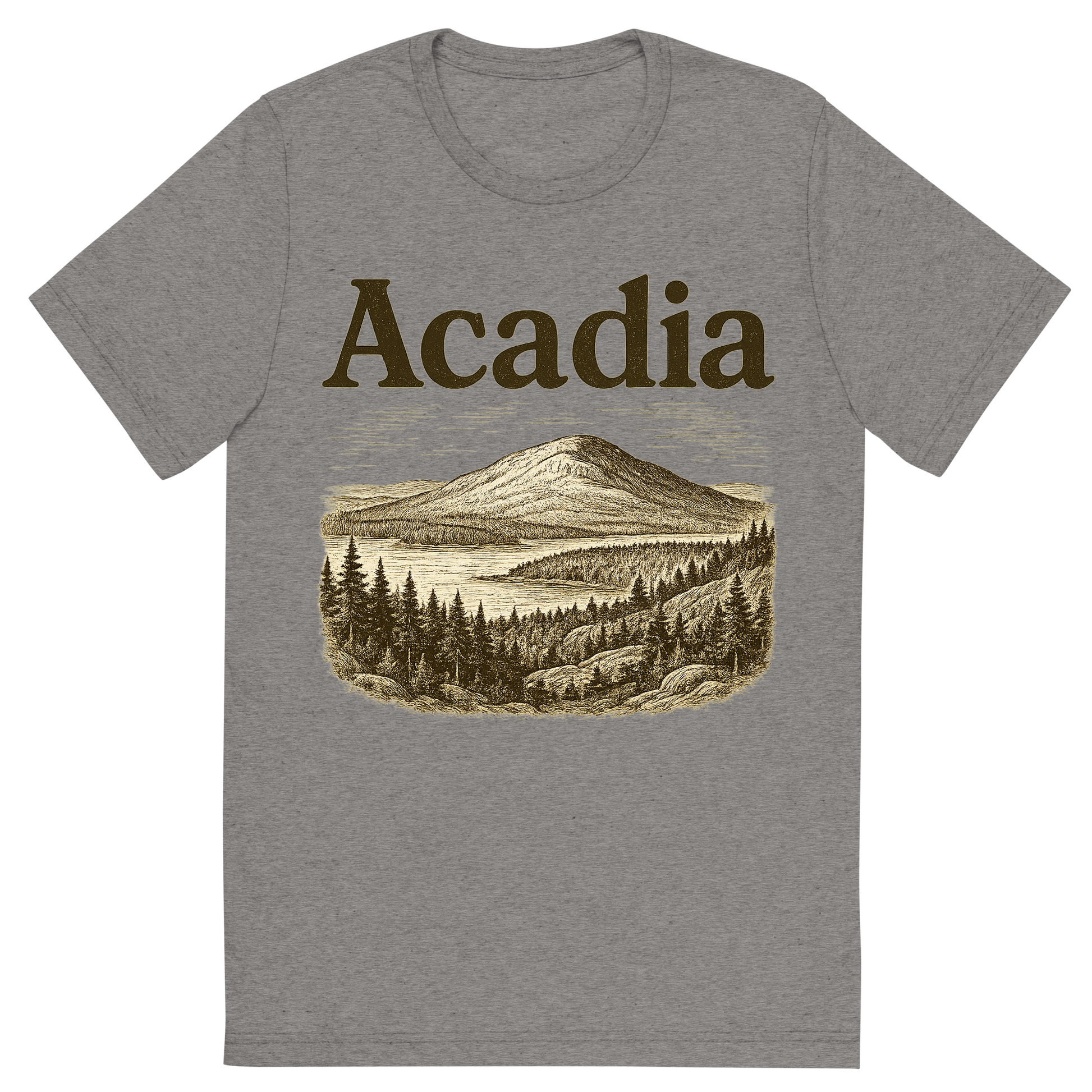 Front view of a Premium Tri-Blend Crew Neck T-Shirt in Grey showing 'A typographic, nostalgic graphic of a typographic illustration of the words 'acadia' with a vintage line art drawing of cadillac mountain'