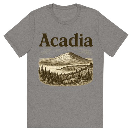Front view of a Premium Tri-Blend Crew Neck T-Shirt in Grey showing 'A typographic, nostalgic graphic of a typographic illustration of the words 'acadia' with a vintage line art drawing of cadillac mountain'