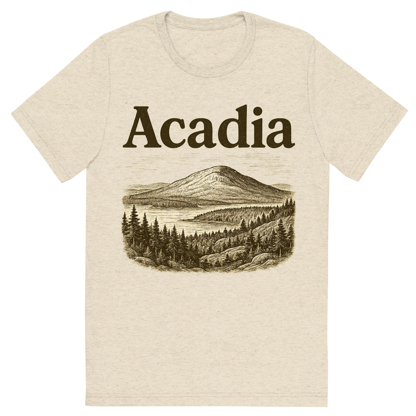 Front view of a Premium Tri-Blend Crew Neck T-Shirt in Oatmeal showing 'A typographic, nostalgic graphic of a typographic illustration of the words 'acadia' with a vintage line art drawing of cadillac mountain'