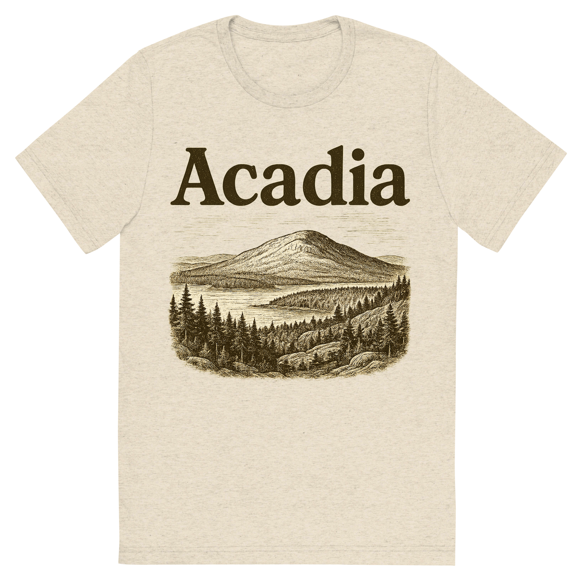 Front view of a Premium Tri-Blend Crew Neck T-Shirt in Oatmeal showing 'A typographic, nostalgic graphic of a typographic illustration of the words 'acadia' with a vintage line art drawing of cadillac mountain'