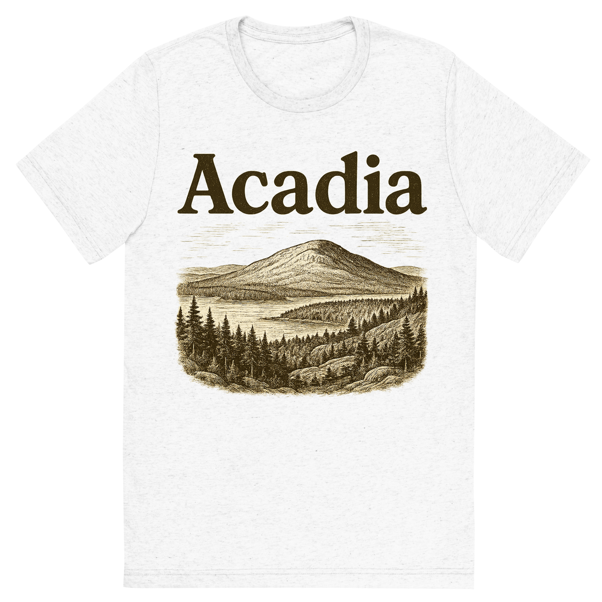 Front view of a Premium Tri-Blend Crew Neck T-Shirt in Solid White showing 'A typographic, nostalgic graphic of a typographic illustration of the words 'acadia' with a vintage line art drawing of cadillac mountain'