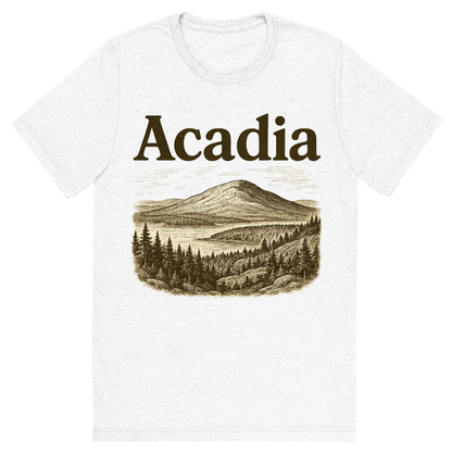 Front view of a Premium Tri-Blend Crew Neck T-Shirt in Solid White showing 'A typographic, nostalgic graphic of a typographic illustration of the words 'acadia' with a vintage line art drawing of cadillac mountain'