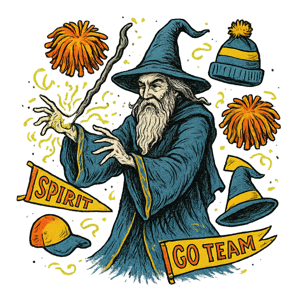A hand-drawn ink with pop color, whimsical graphic of a mystical wizard in school colors casting a spell with floating spirit week items (pom-poms, banners, hats), with the phrase “spirit week sorcerer” arched above. transparent background, centered, hand-drawn ink with magical color pops. dtg optimized. - a t-shirt design