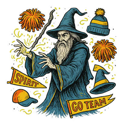 A hand-drawn ink with pop color, whimsical graphic of a mystical wizard in school colors casting a spell with floating spirit week items (pom-poms, banners, hats), with the phrase “spirit week sorcerer” arched above. transparent background, centered, hand-drawn ink with magical color pops. dtg optimized. - a t-shirt design